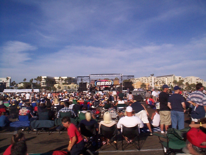 A crowd of people at an outdoor concert.
