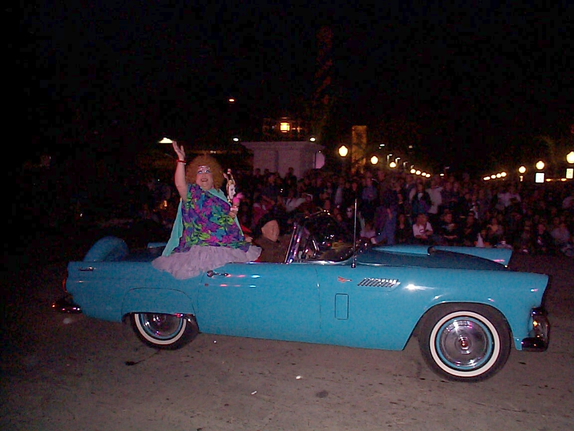 A woman sitting in the back of an old blue car.
