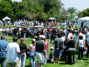 A crowd of people standing on top of a green field.